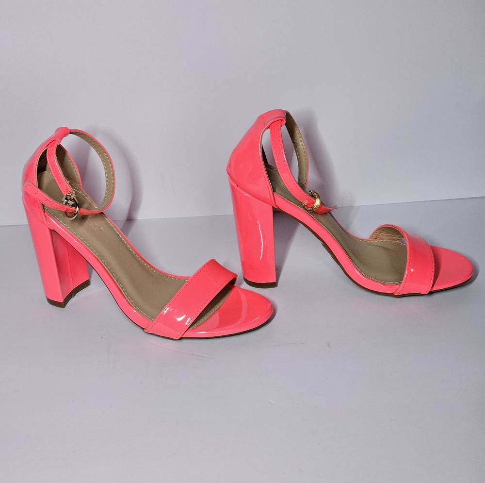 Neon Pink Chunky Heels with Glossy Finish